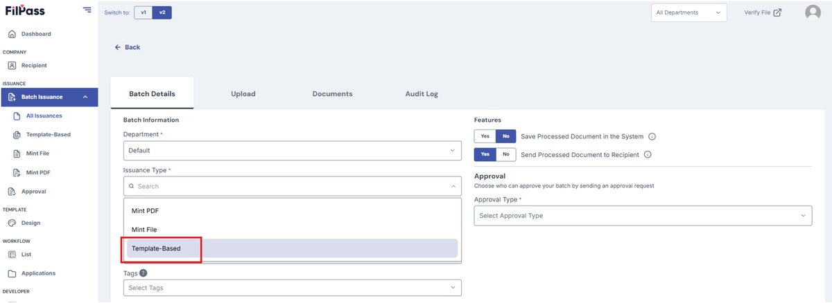 Image of Create batch page with Issuance Type dropdown choice, "Template-Based" highlighted in a red box