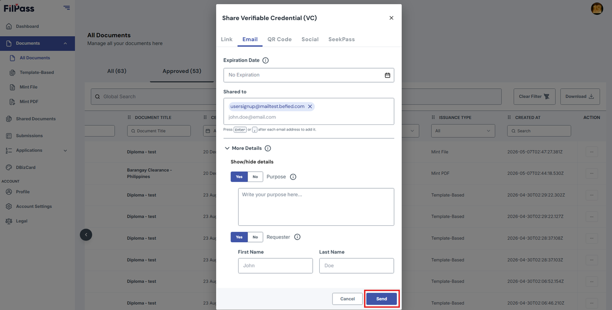 Image of the Share modal in Email tab with the Send button highlighted in a red box