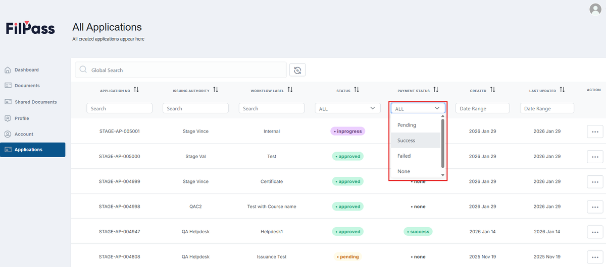 Image of Applications page with the Payment Status filter and its options highlighted in a red box