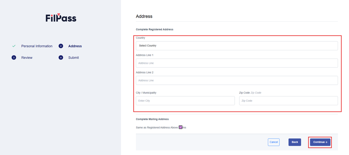 Image of the Address page with the fields and Continue button highlighted in a red box