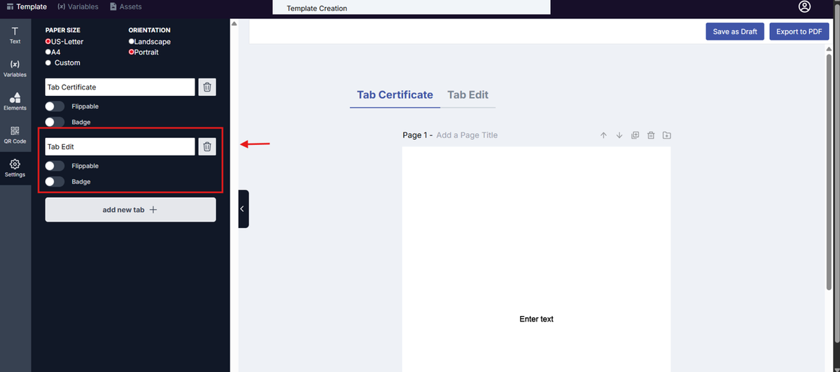 Image of the Template Design page with the Tab 2 Settings section highlighted in a red box