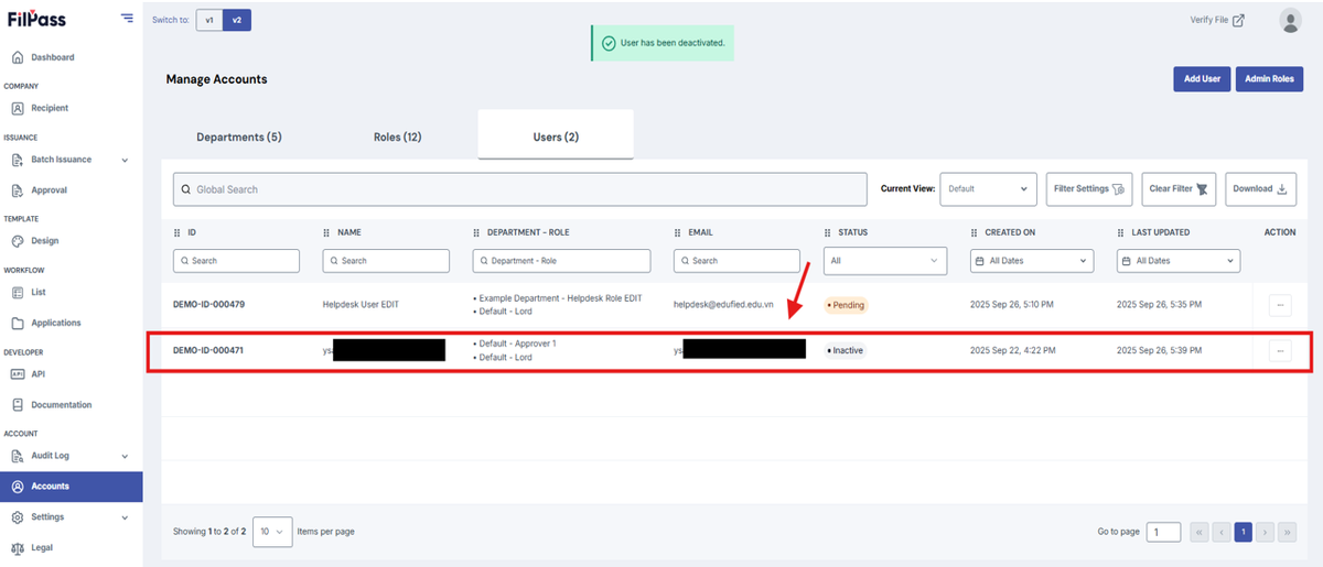 Image of the User table with the deactivated user highlighted
