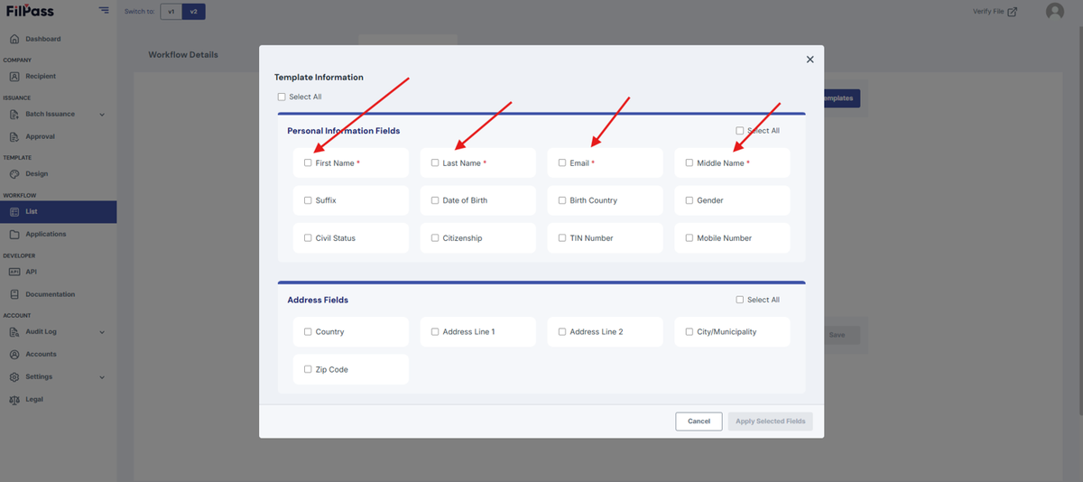 Image of the Template Information modal with the required fields highlighted.