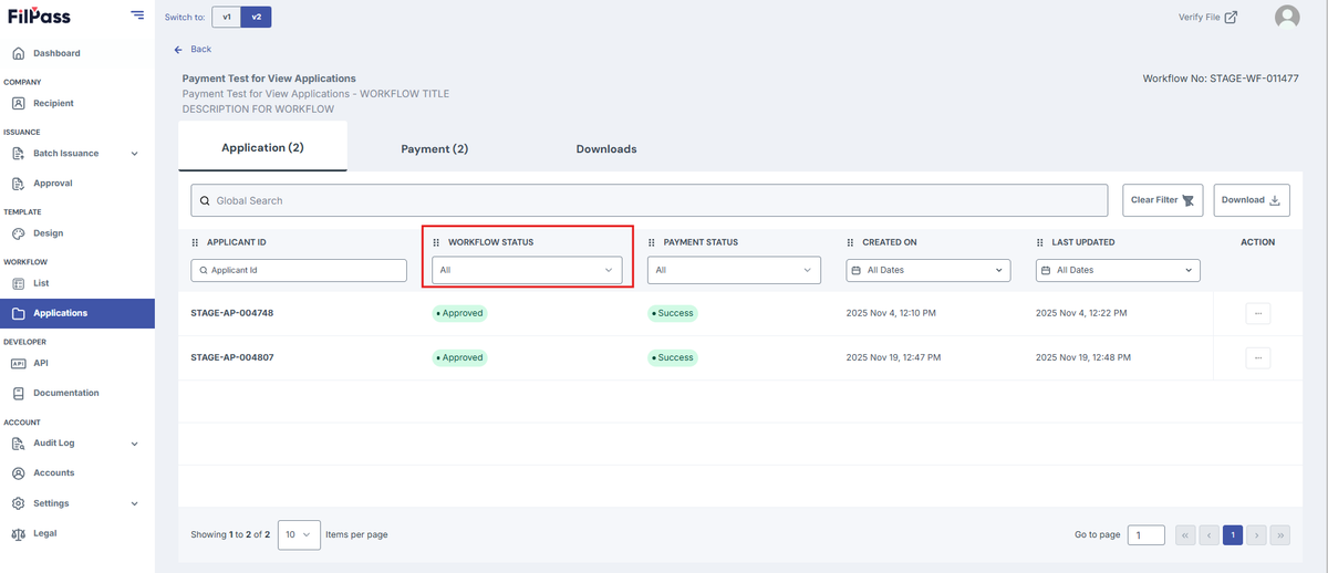 Image of the Workflow Application page with the Workflow Status column highlighted in a red box