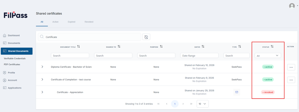 Image of the Shared Documents page with the Status highlighted in a red box