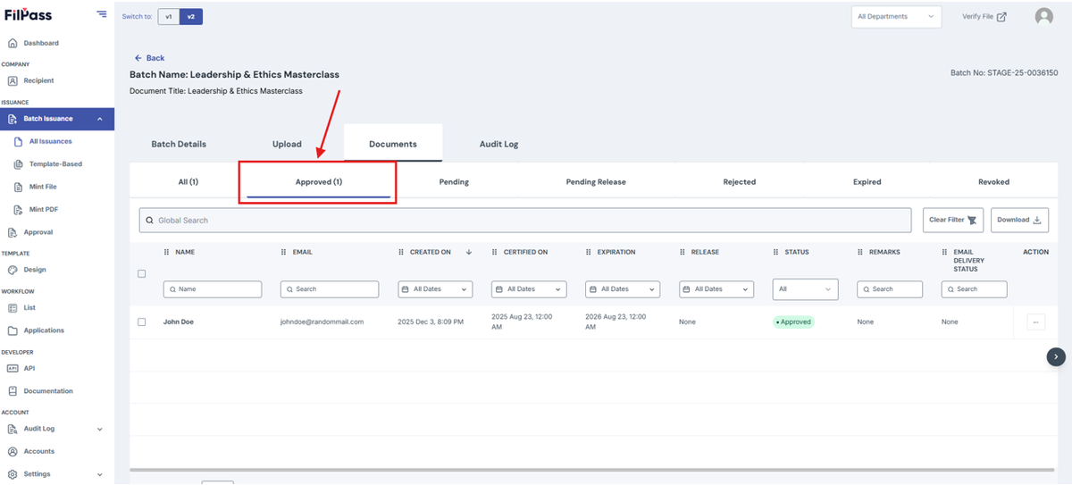 Image of Documents page with the Approved tab highlighted in a red box