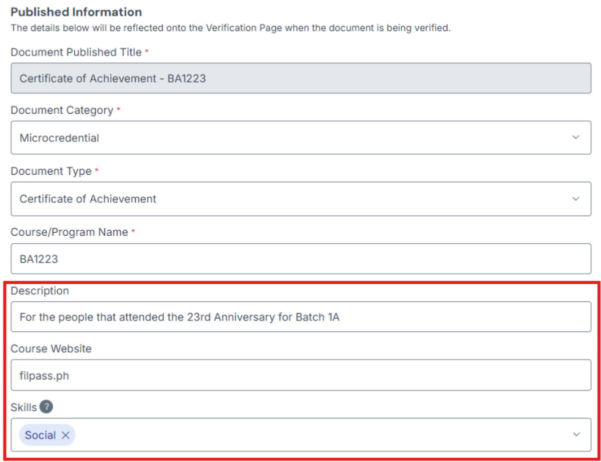 Image of the Description, Course Website and Skills fields being highlighted by a red box