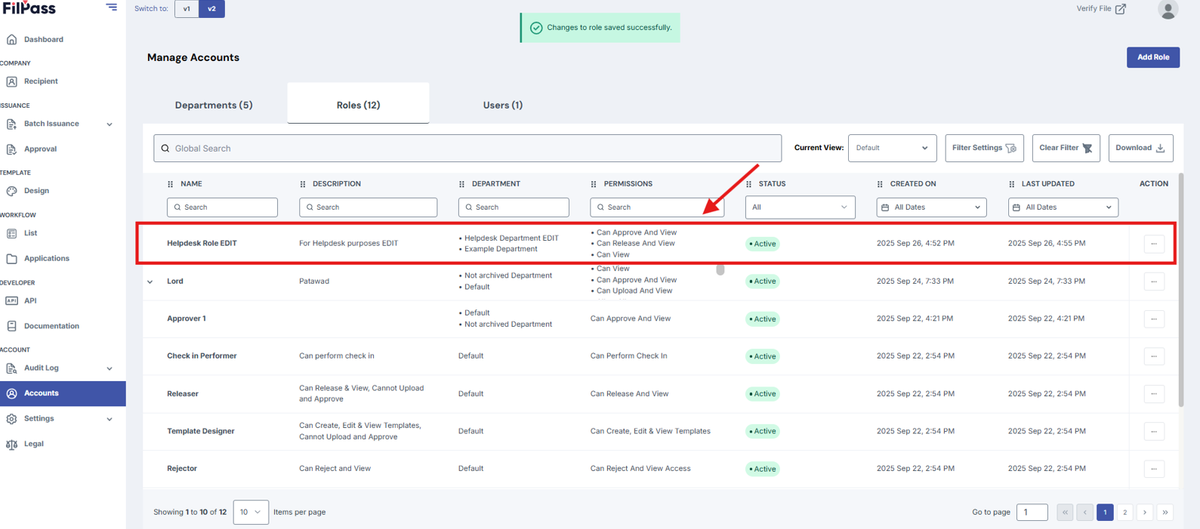 Image of the Role table with the edited role highlighted