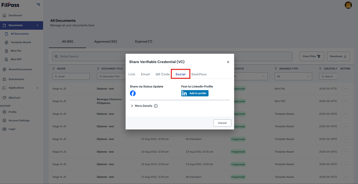 Image of the Share modal with the Social tab highlighted in a red box