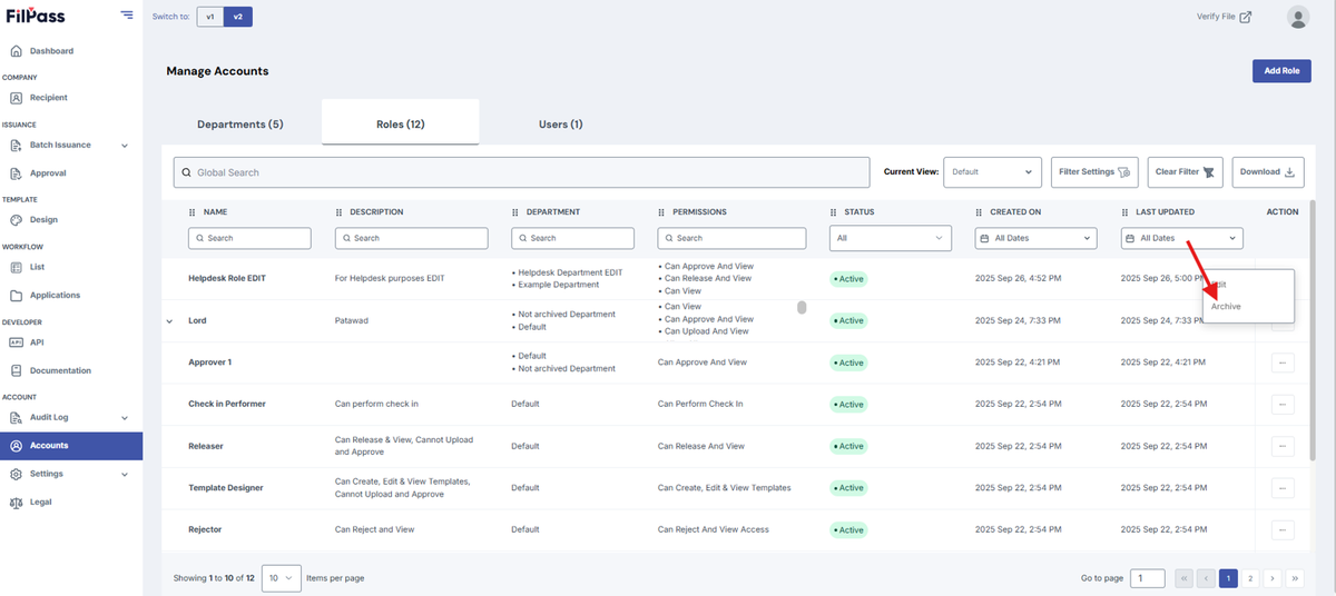 Image of the Role tab with the Archive button being highlighted.