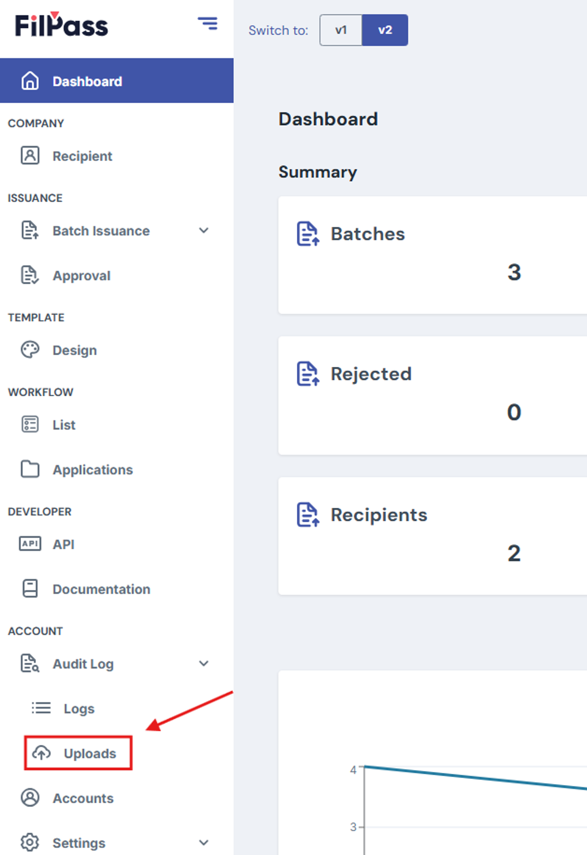 FilPass v2 dashboard with the “Uploads” option highlighted under the Audit Log section in the left sidebar.