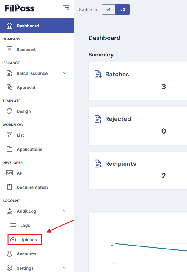 FilPass v2 dashboard with the “Uploads” option highlighted under the Audit Log section in the left sidebar.