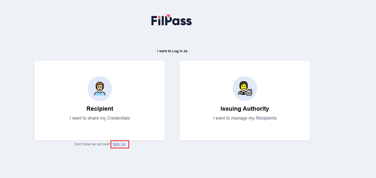 Image of the Filpass webpage with the Signup button highlighted in a red box