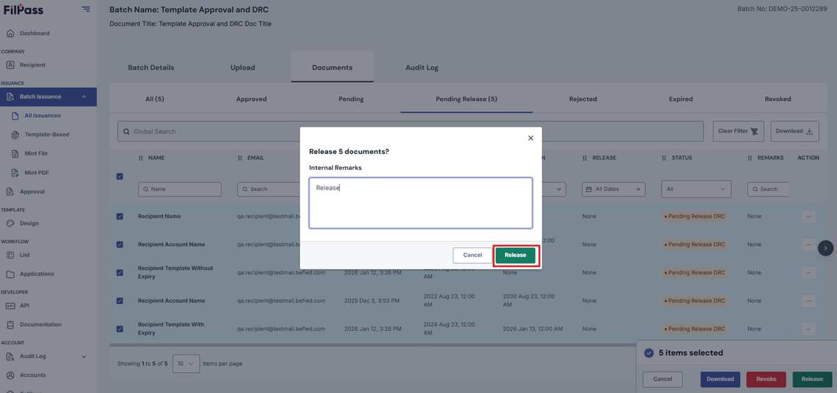 Image of Release document modal and Release button is highlighted by a red box