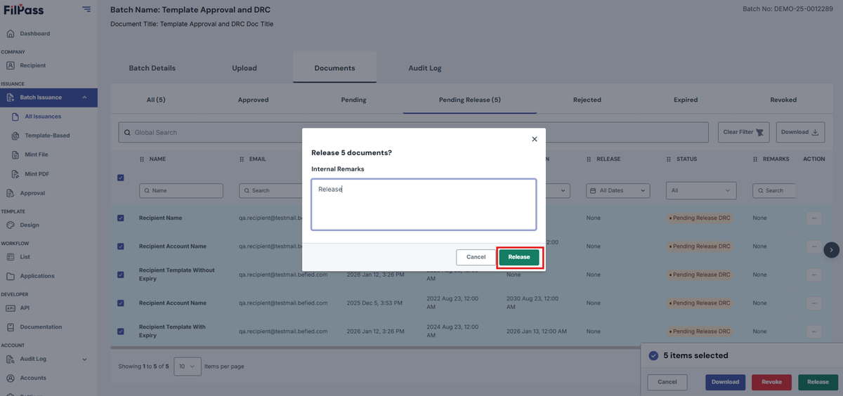 Image of Release document modal and Release button is highlighted by a red box