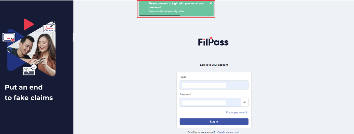 Image of the Login page with the Success pop up message, "Please proceed to login with your email and password." highlighted in a red box