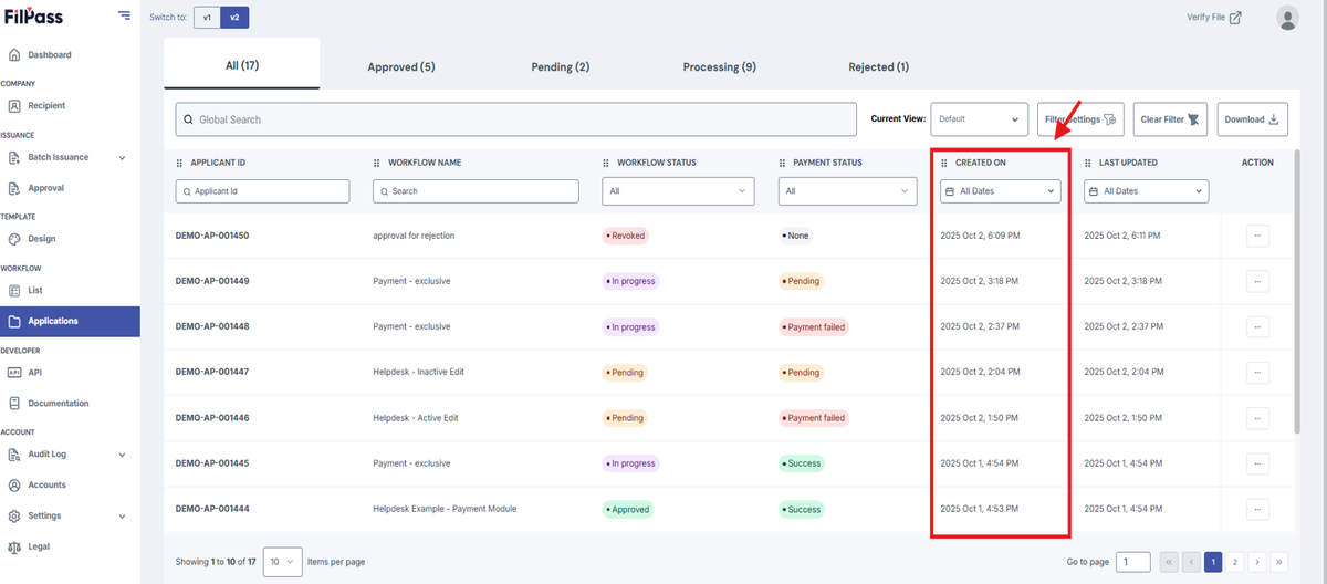 Image of the Workflow Applications page with the Created On highlighted in a red box