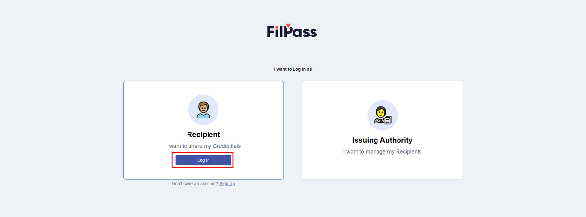 Image of the Login page with the Recipient Login button highlighted in a red box