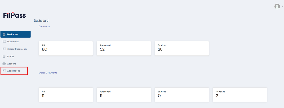 Image of the Dashboard page with the Applications button highlighted in a red box