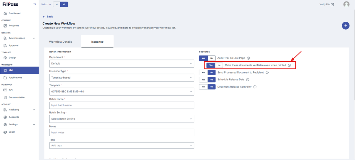 Image of the Issuance page with the "Make This Document Verifiable Even When Printed" feature toggle is highlighted in a red box