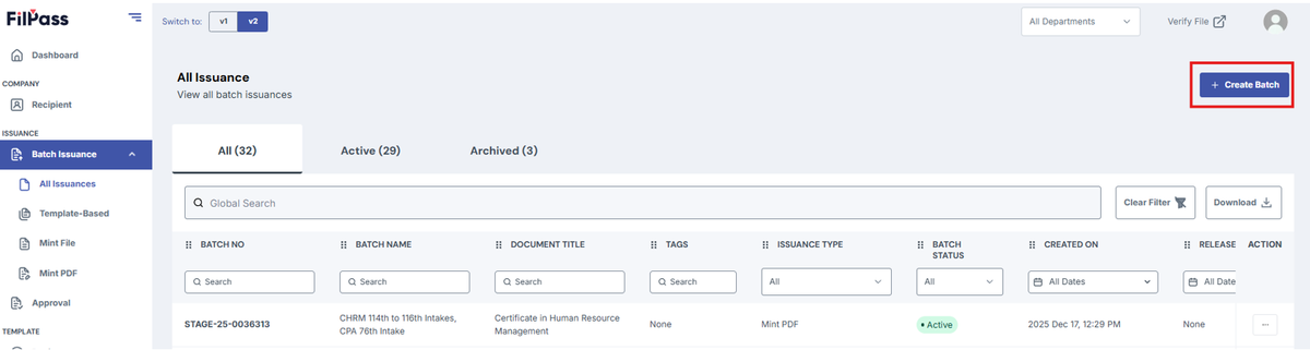 Image of batch Issuance page with "Create Batch" button highlighted in a red box