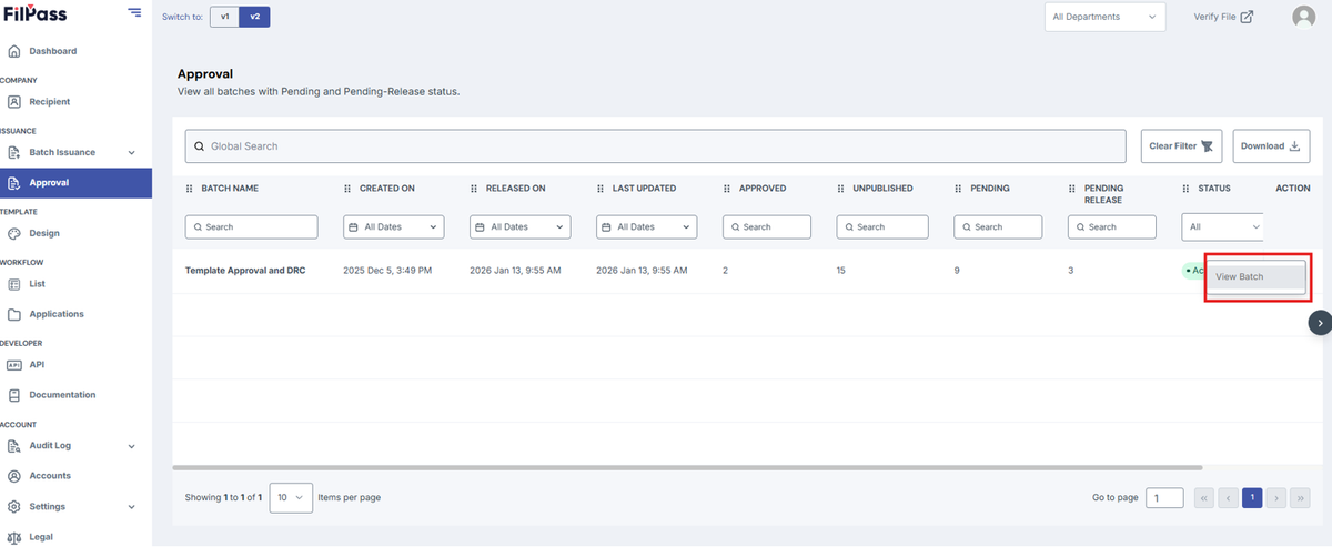 Image of Approval page with View Batch button highlighted in a red box