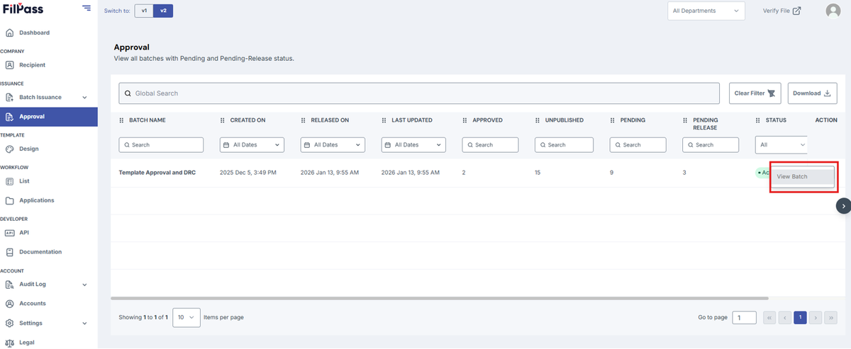 Image of Approval page with View Batch button highlighted in a red box