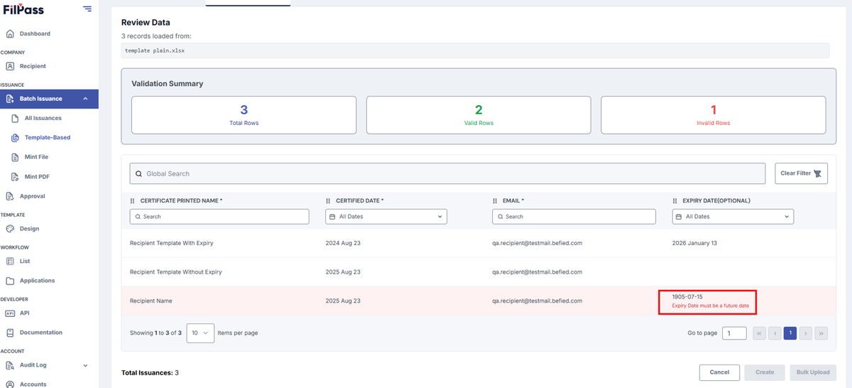 Image of the Upload page with the Expiry Date with the data "1905-07-15" highlighted in a red box