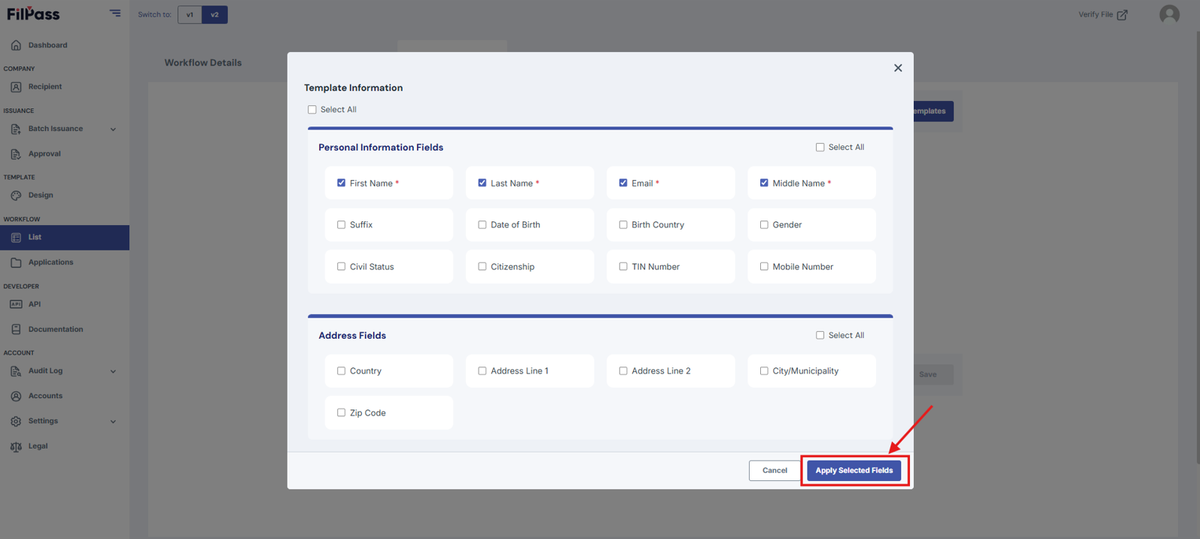 Image of the Template Information modal with the Apply Selected Fields button highlighted by a red box