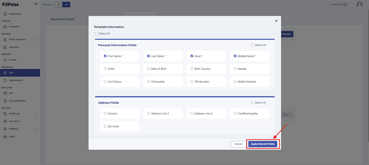 Image of the Template Information modal with the Apply Selected Fields button highlighted by a red box