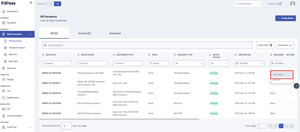Image of All Issuances page with View Batch button highlighted in a red box