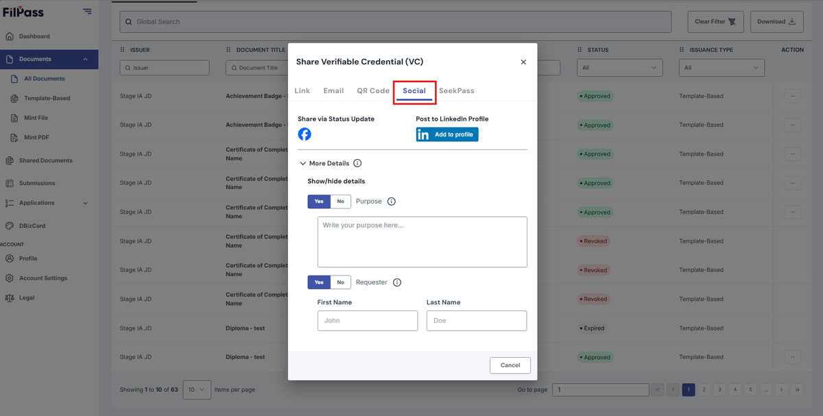 Image of the Share modal with the Social tab highlighted in a red box