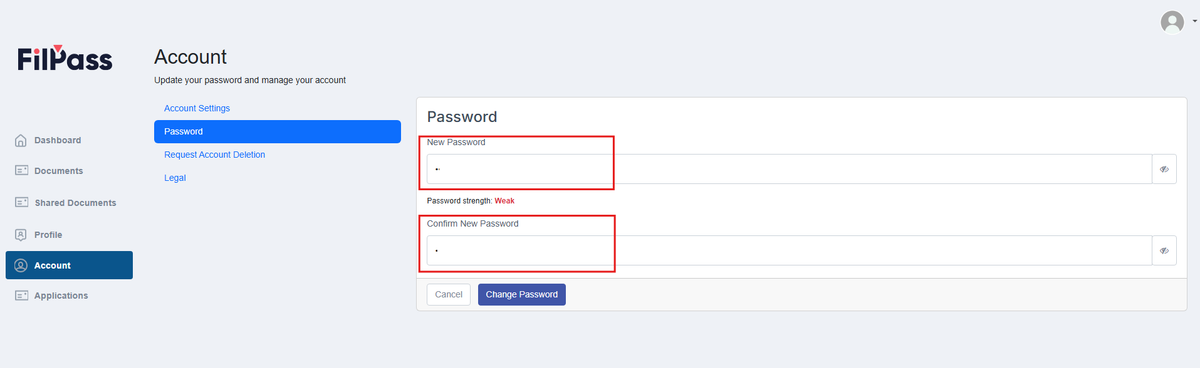 Image of the Account page with the New Password and Confirm New Password fields highlighted in a red box