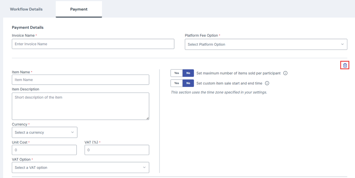 Image of the payment tab with the delete button highlighted by a red box