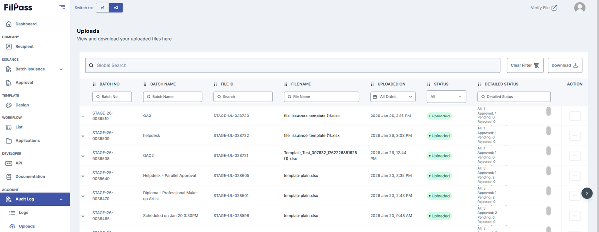 Image showing the Audit Logs Uploads table