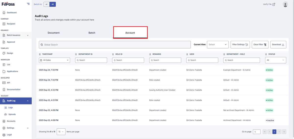 Image of the Accounts Tab of the Audit Logs