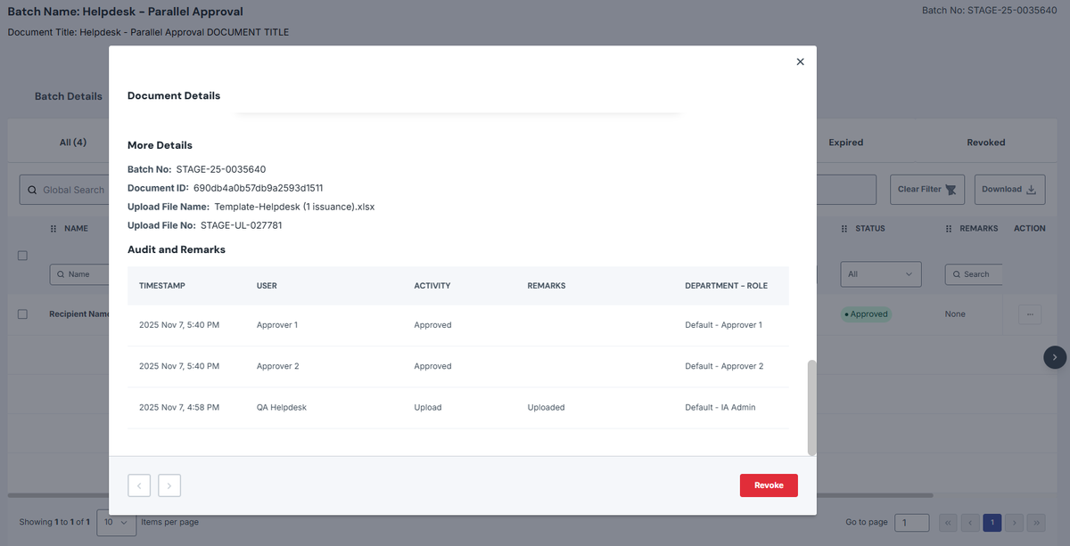 Image of Document Details modal with the Audit Log