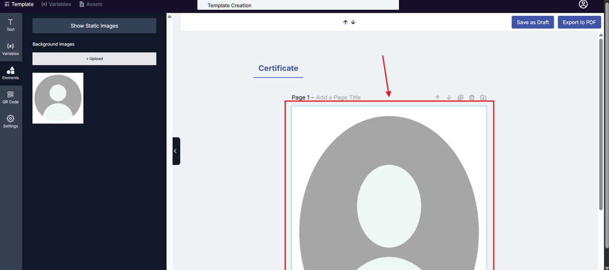 Image of the Template Design page with the Page section highlighted in a red box