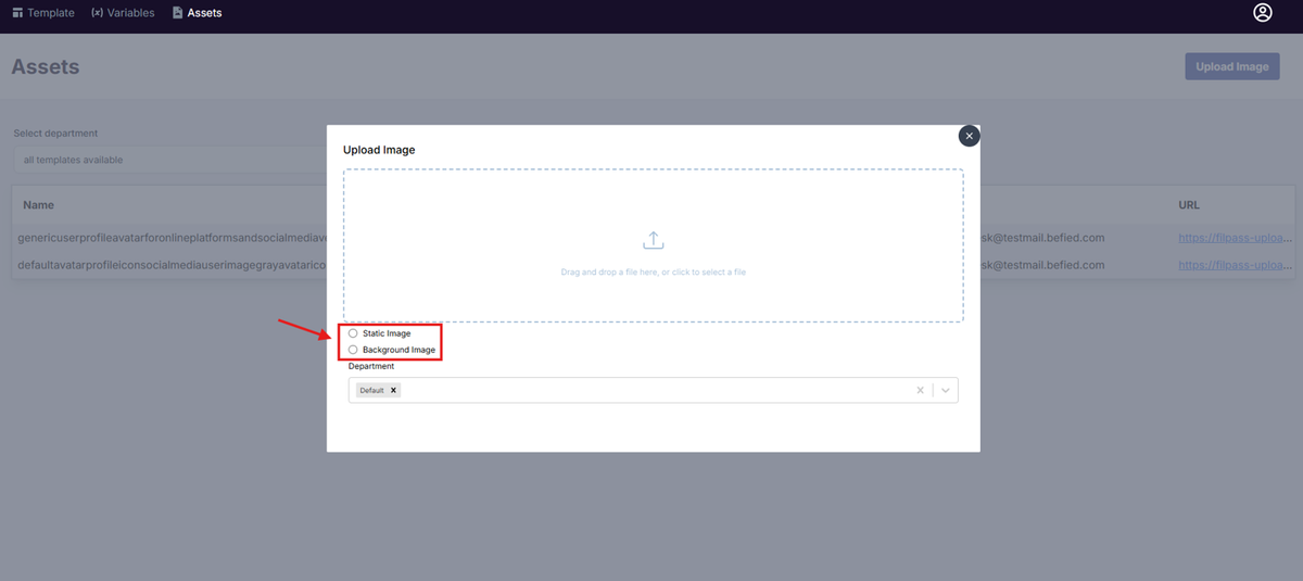 Image of the Upload Image modal with the radio buttons, Static Image and Background Image, highlighted in a red box
