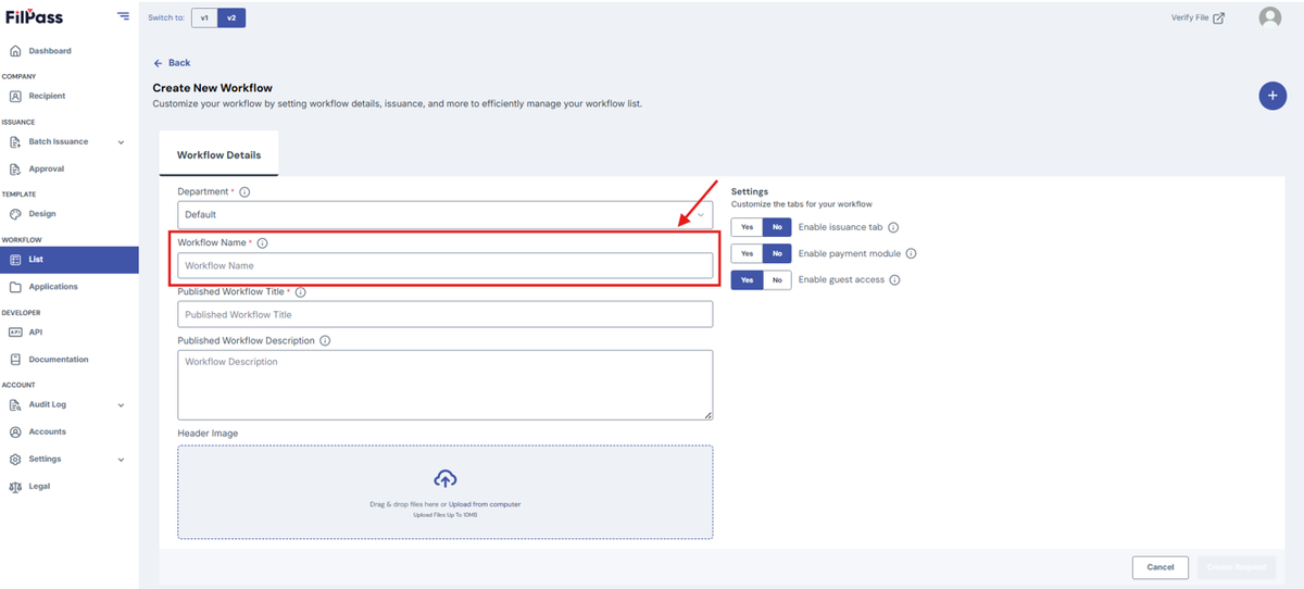 Image of Create Workflow page with the Workflow