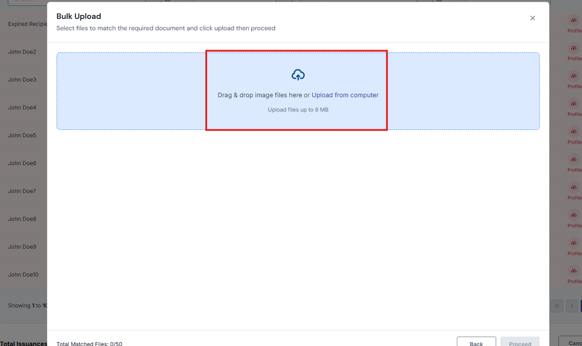 Image of Bulk Upload modal with "Drag & drop image files or Upload from computer" section highlighted in a red box
