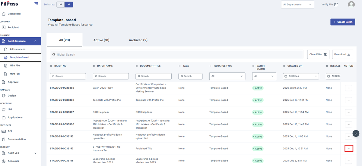 Image of Template Based Issuances with Action button