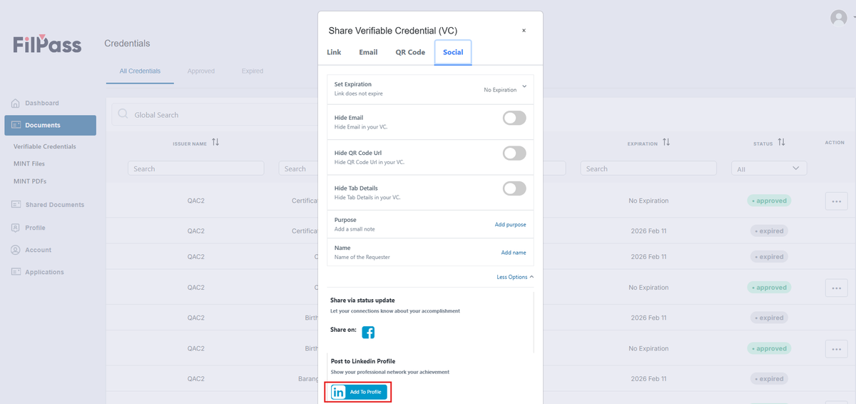 Image of the Share modal with the Add to LinkedIn Modal