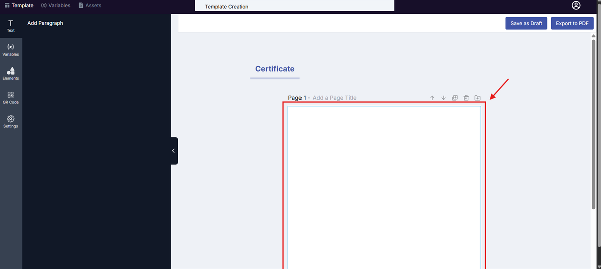 Image of the Template Design page with the Page section highlighted in a red box