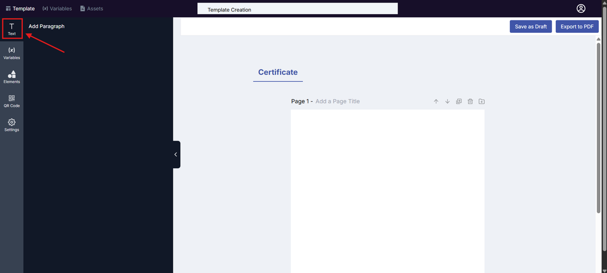 Image of the Template Design page with the Text button on the navigation bar highlighted in a red box