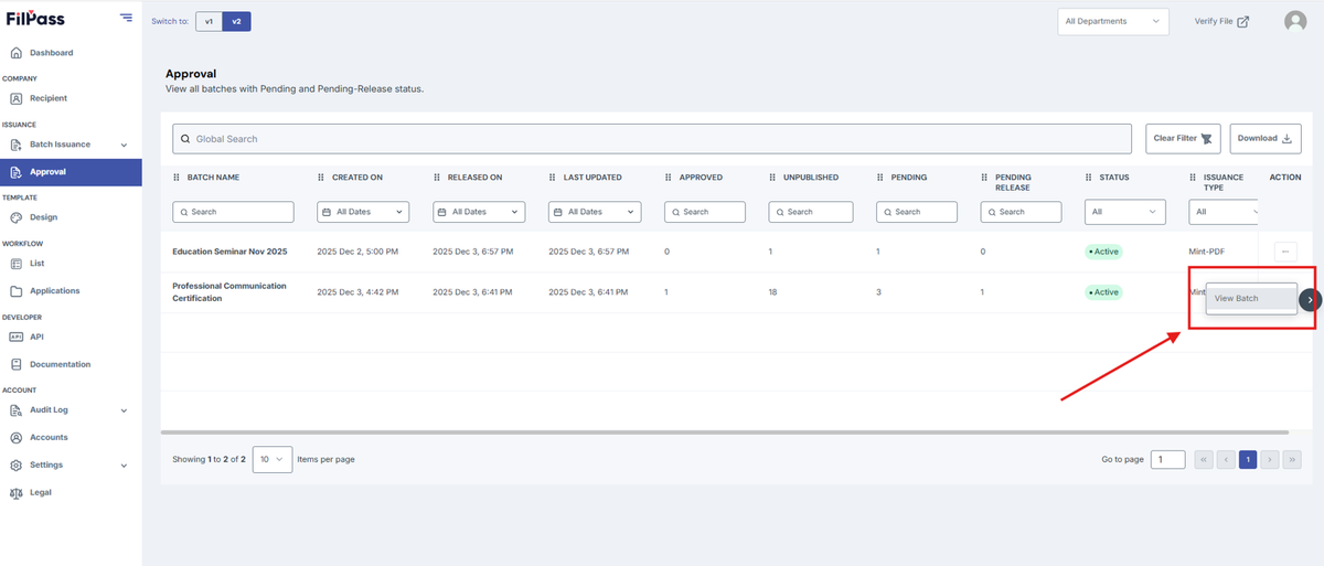 Image of Approval page with View batch button highlighted by a red box