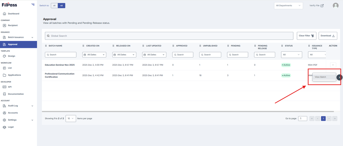 Image of Approval page with View batch button highlighted by a red box