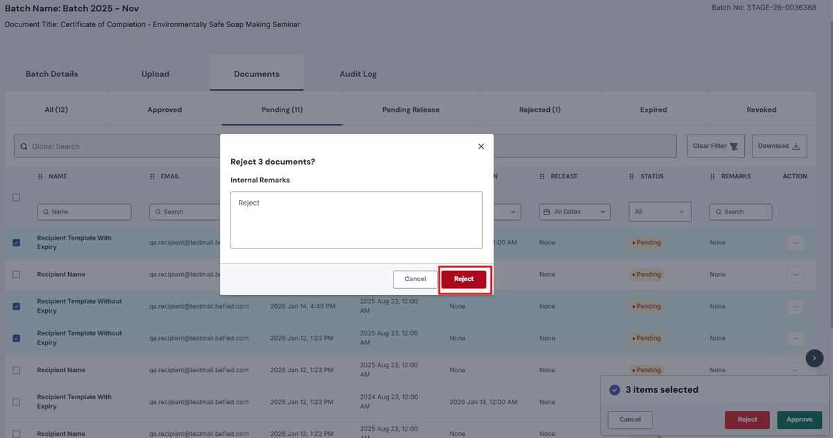 Image of Reject modal with the Reject button highlighted in a red box