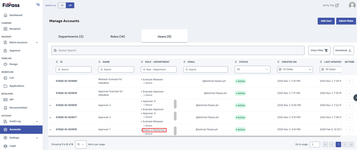 Image of the Accounts page with the Check In Performer role highlighted in a red box