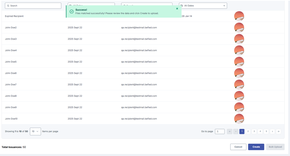 Image of Bulk Upload modal with a Success pop up message "Files matched successfully! Please review the data and click Create to upload."